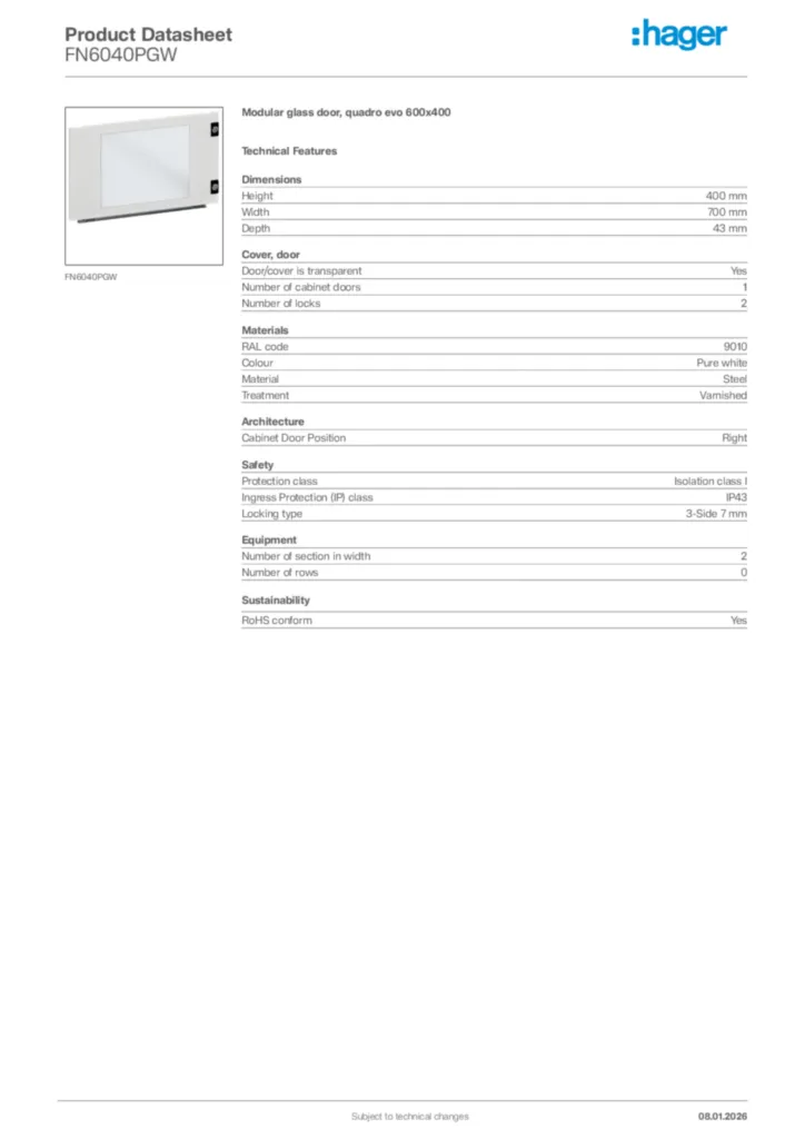 Image Hager Product data sheet FN6040PGW  | Hager Africa