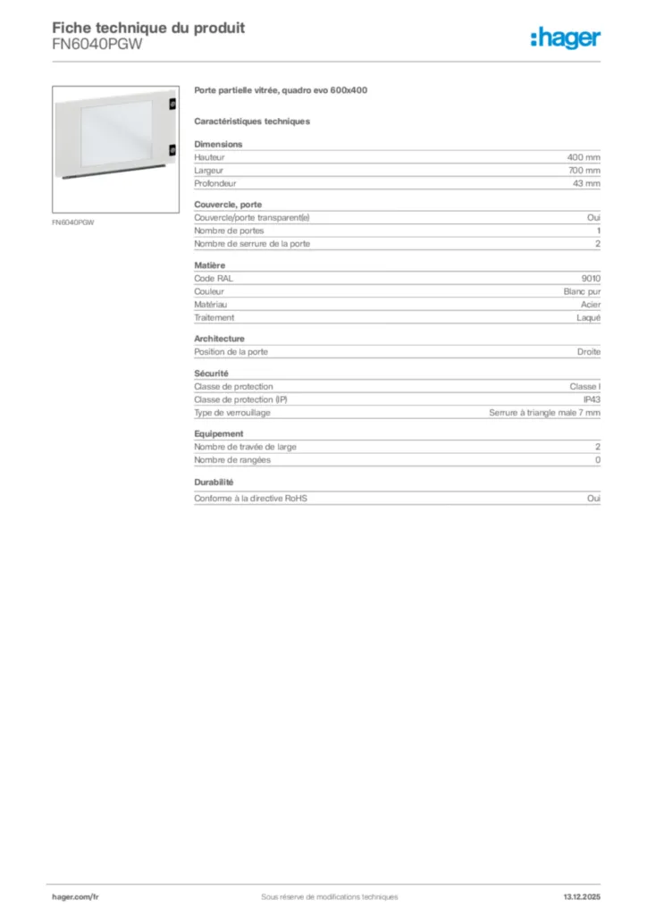 Image Hager Fiche technique du produit FN6040PGW | Hager France