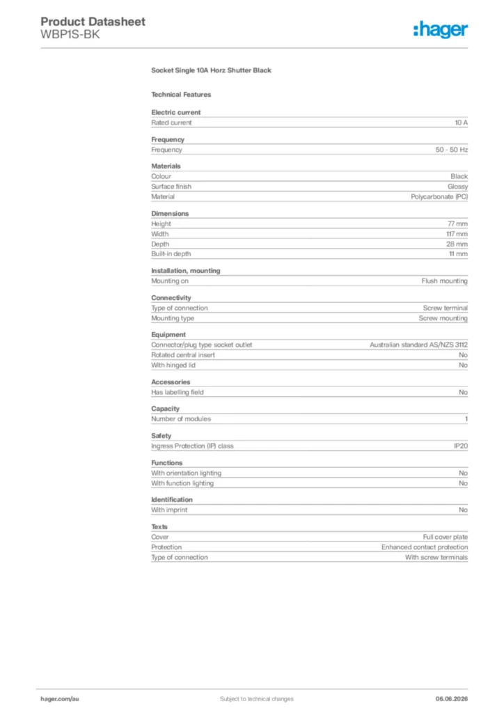 Image Hager Product data sheet WBP1S-BK  | Hager Australia