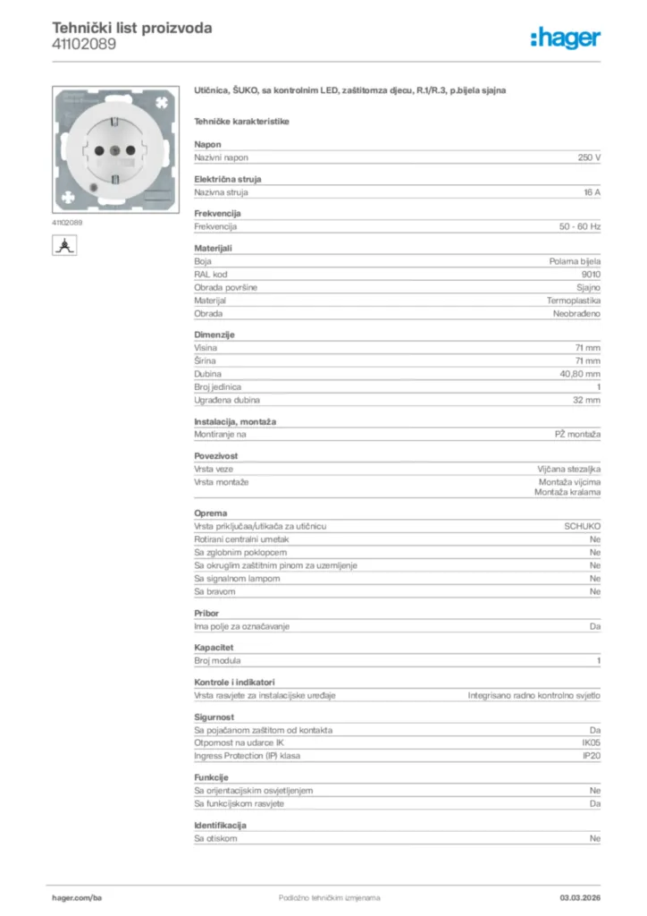 Slika Hager Tehnički list proizvoda 41102089  | Hager