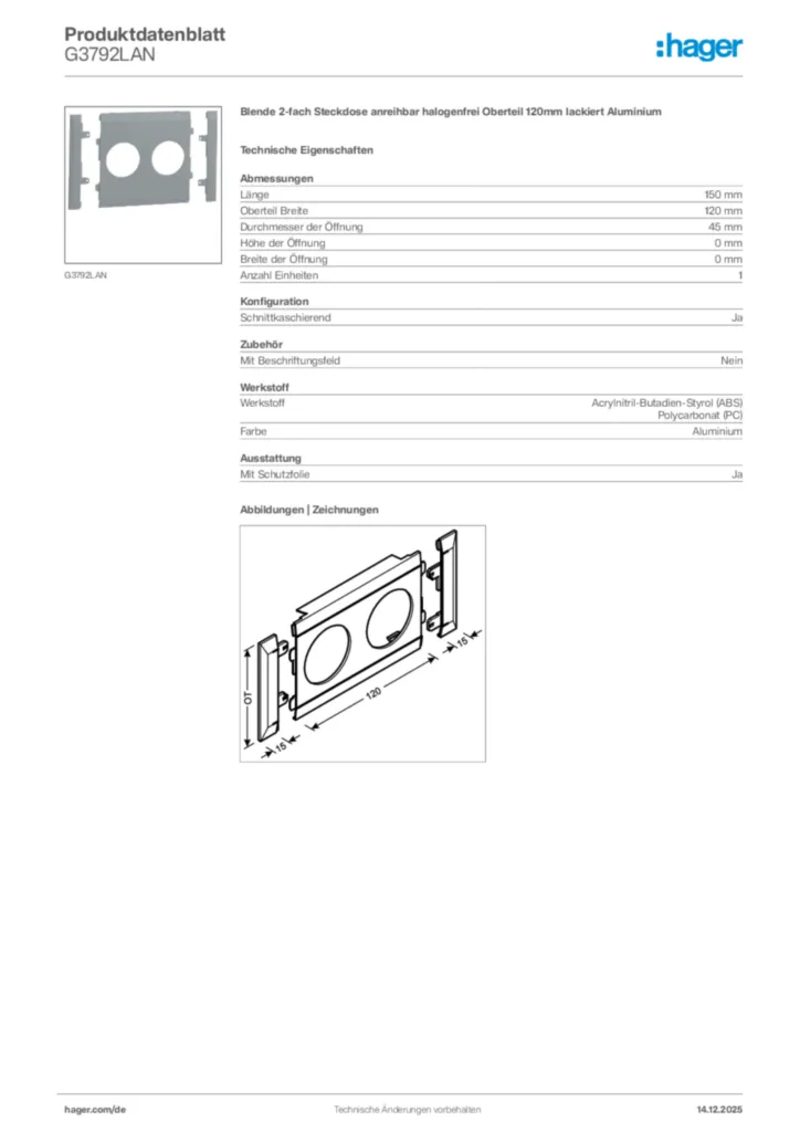 Bild Hager Produktdatenblatt G3792LAN | Hager Deutschland