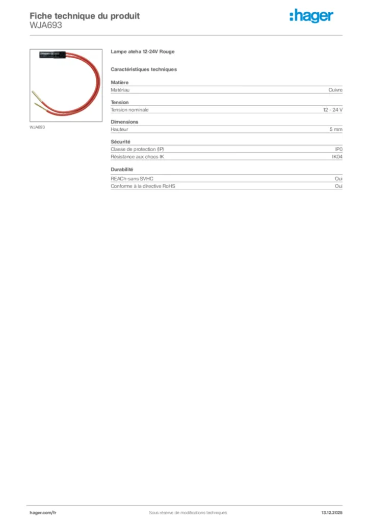 Image Hager Fiche technique du produit WJA693 | Hager France