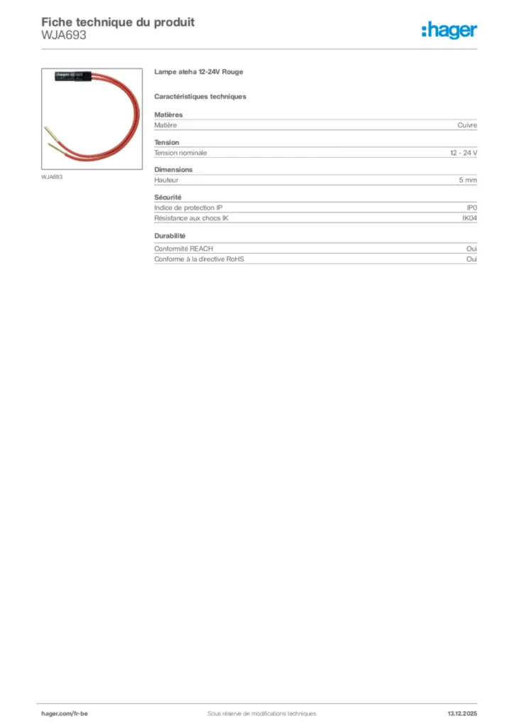 Image Hager Fiche technique du produit WJA693 | Hager Belgique