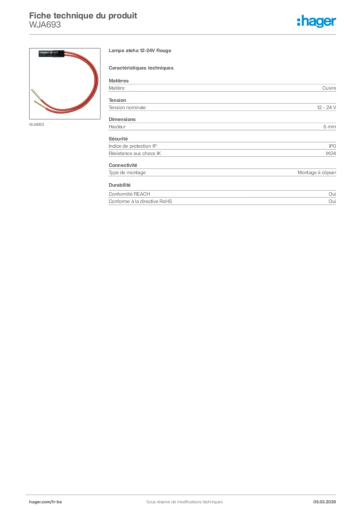 Image Hager Fiche technique du produit WJA693 | Hager Belgique