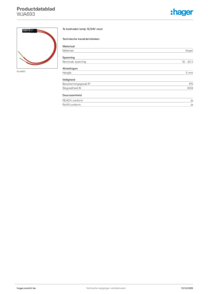 Afbeelding Hager Productdatablad WJA693 | Hager Belgium