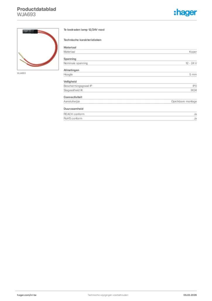 Afbeelding Hager Productdatablad WJA693 | Hager Belgium