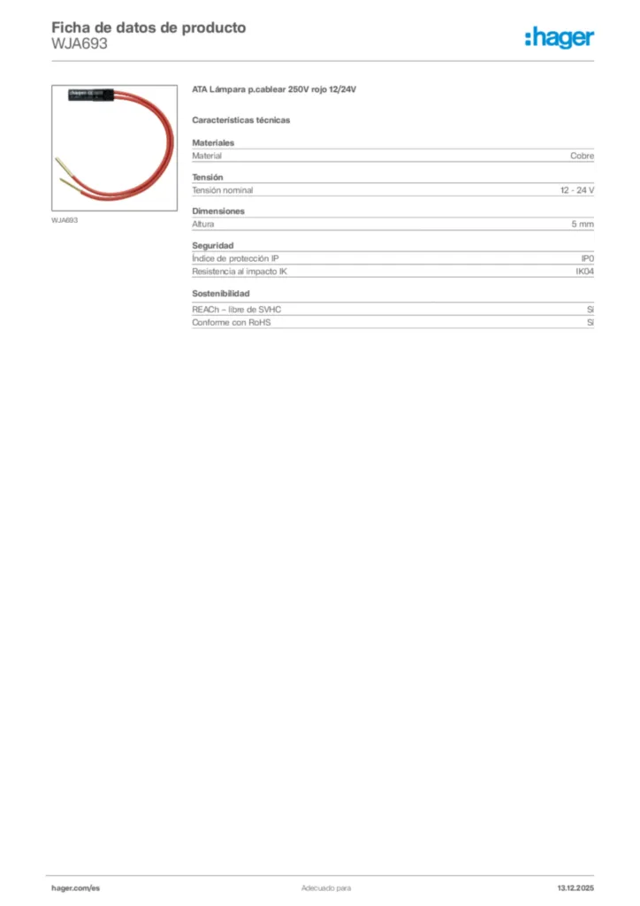Imagen Hager Ficha de datos de producto WJA693 | Hager España