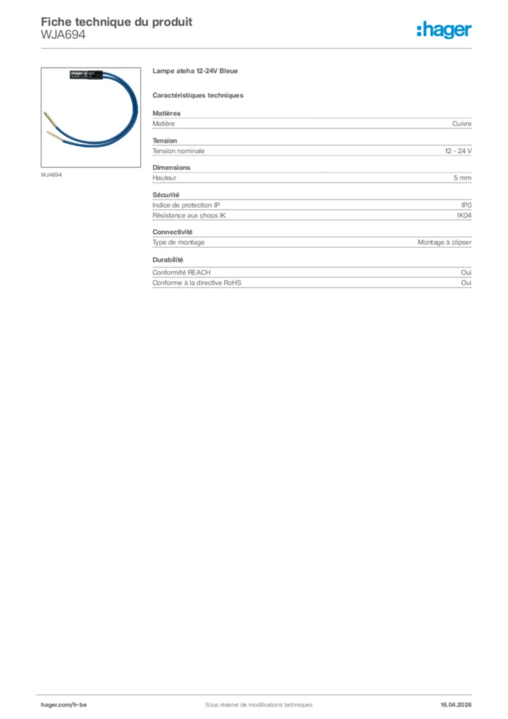 Image Hager Fiche technique du produit WJA694 | Hager Belgique
