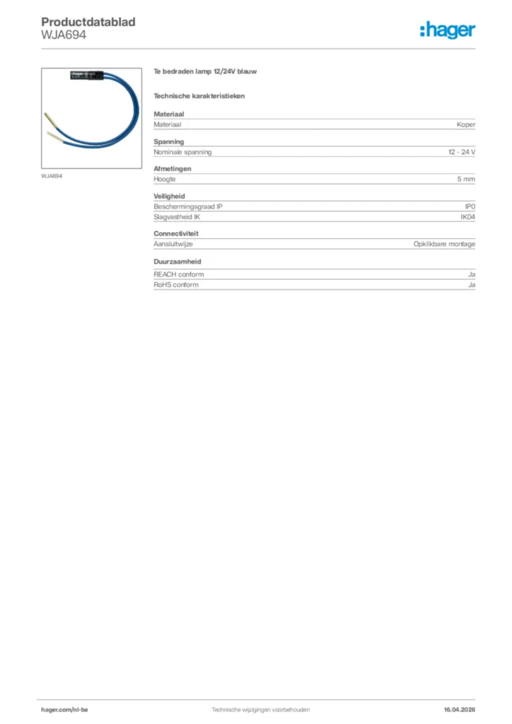 Afbeelding Hager Productdatablad WJA694 | Hager Belgium