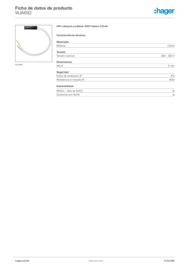 Imagen Hager Ficha de datos de producto WJA692 | Hager España