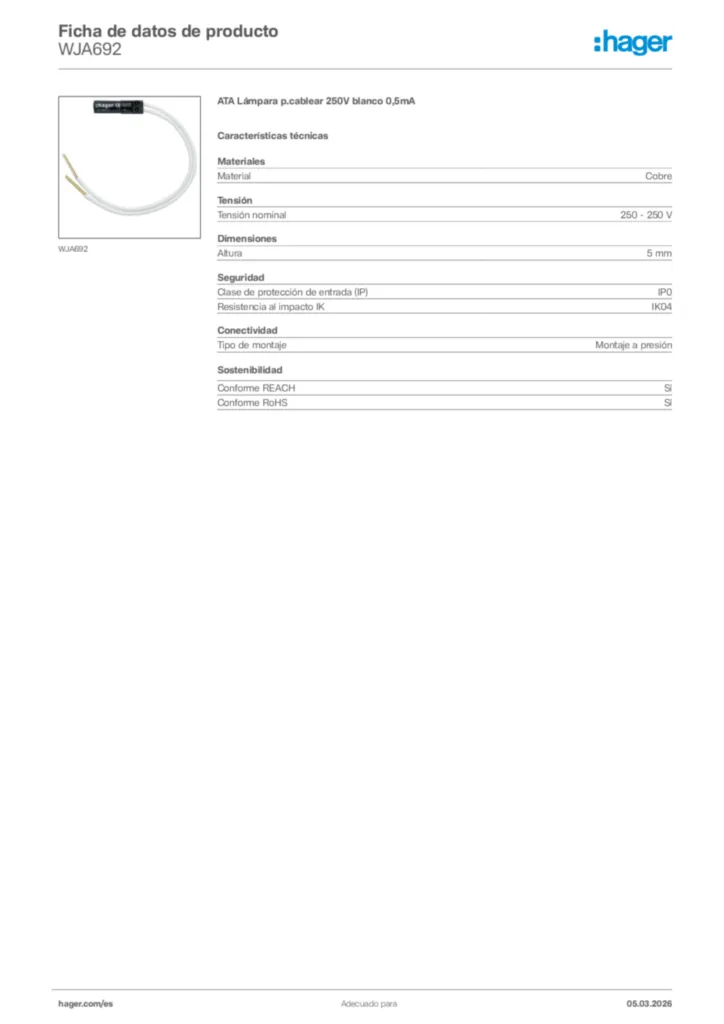 Imagen Hager Ficha de datos de producto WJA692 | Hager España