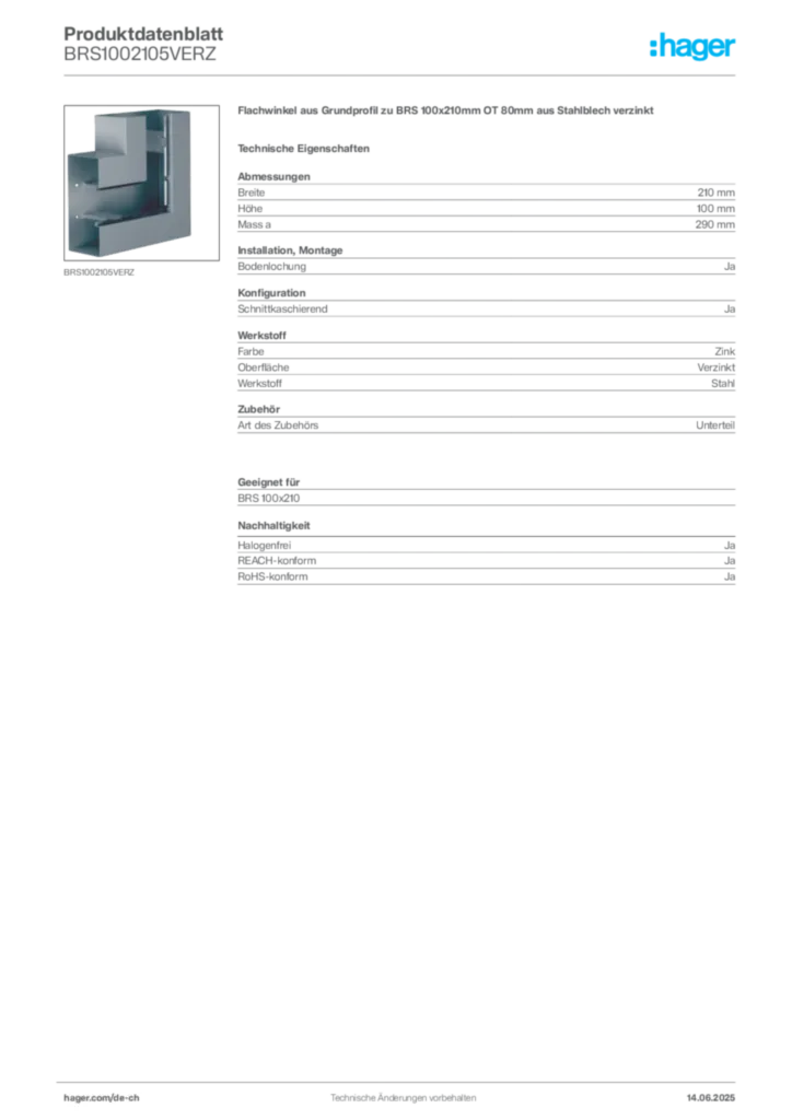 Bild Hager Produktdatenblatt BRS1002105VERZ | Hager Schweiz