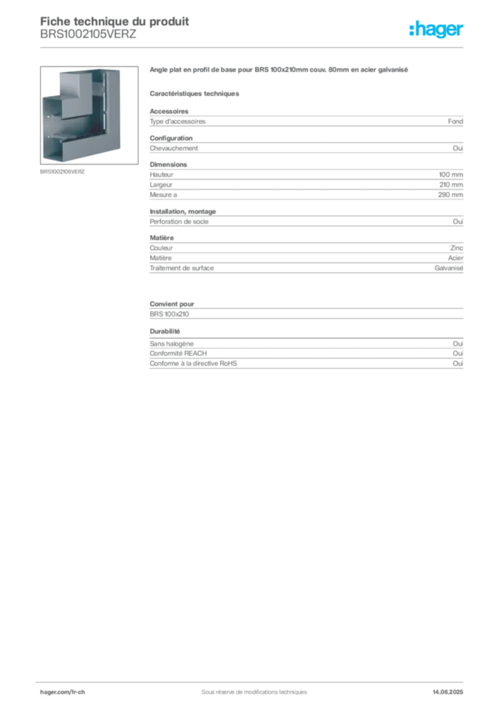 Image Hager Fiche technique du produit BRS1002105VERZ | Hager Suisse