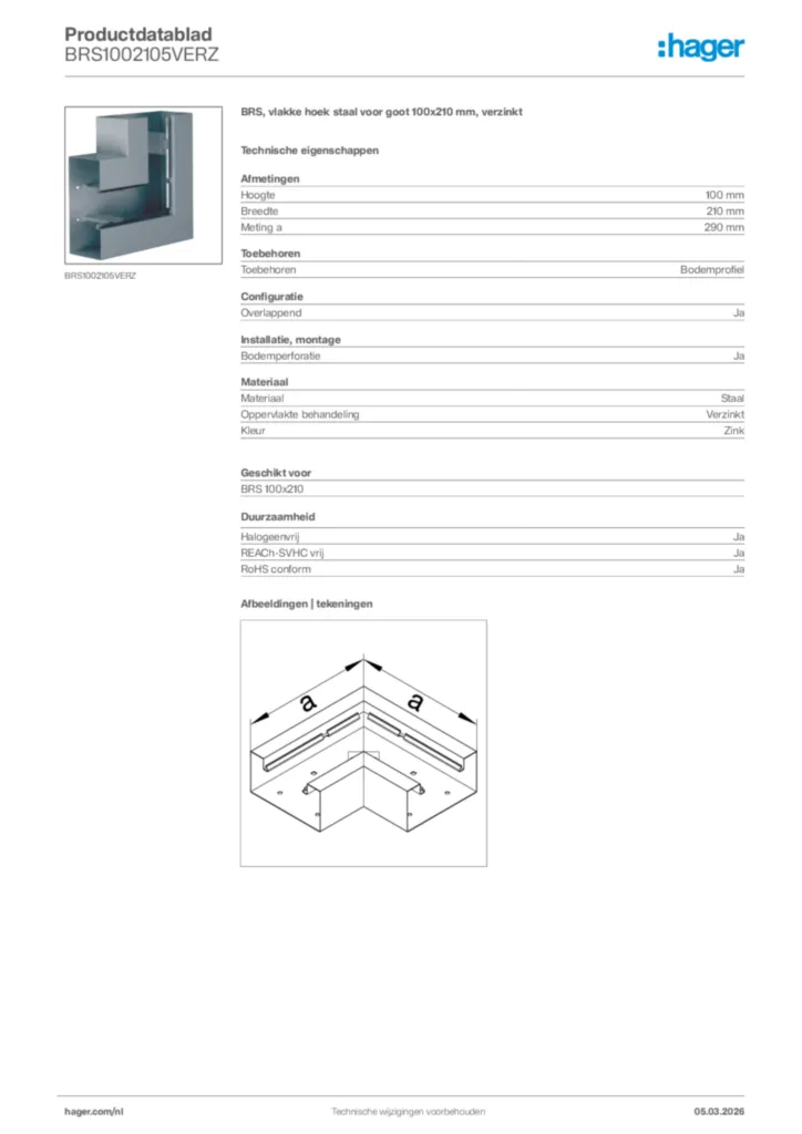 Afbeelding Hager Productdatablad BRS1002105VERZ | Hager Nederland
