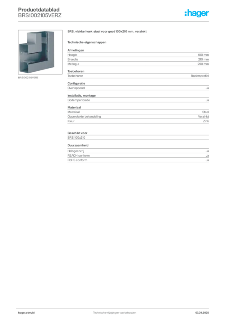 Afbeelding Hager Productdatablad BRS1002105VERZ | Hager Nederland