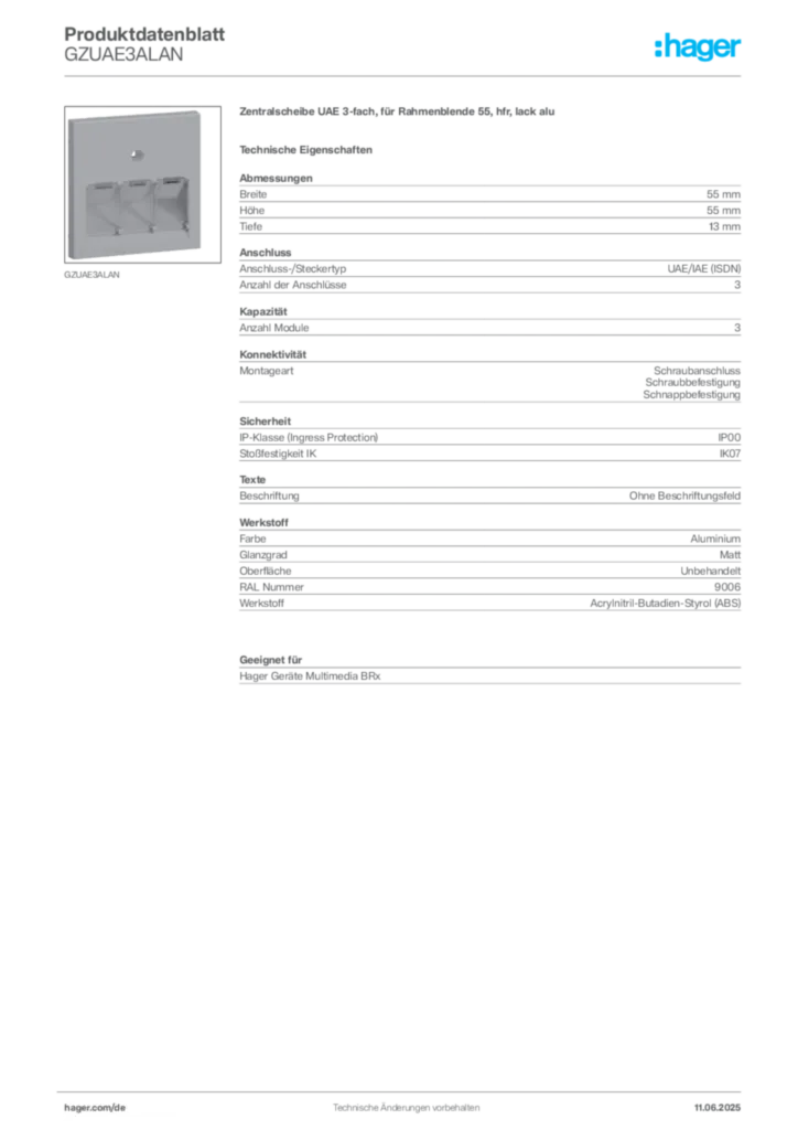 Bild Hager Produktdatenblatt GZUAE3ALAN | Hager Deutschland