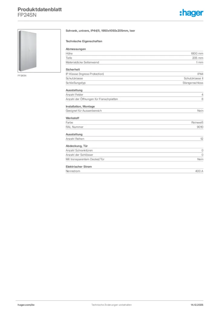 Bild Hager Produktdatenblatt FP24SN | Hager Deutschland