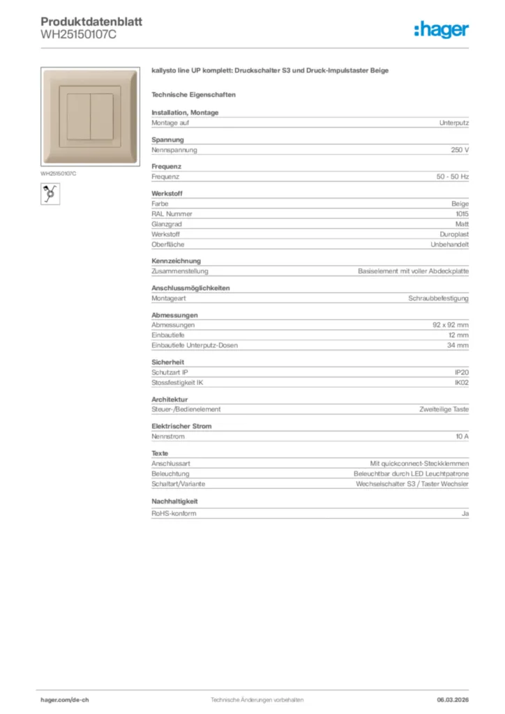 Bild Hager Produktdatenblatt WH25150107C | Hager Schweiz