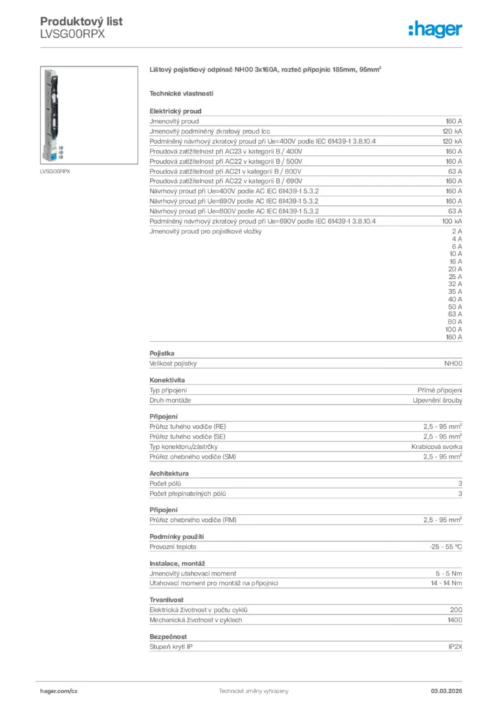 Obrázek Hager Product data sheet LVSG00RPX | Hager
