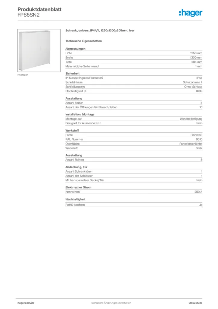 Bild Hager Produktdatenblatt FP85SN2 | Hager Deutschland