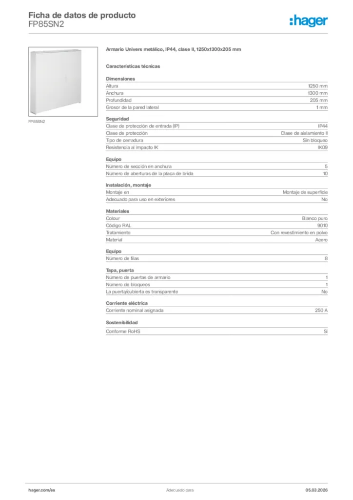 Imagen Hager Ficha de datos de producto FP85SN2 | Hager España