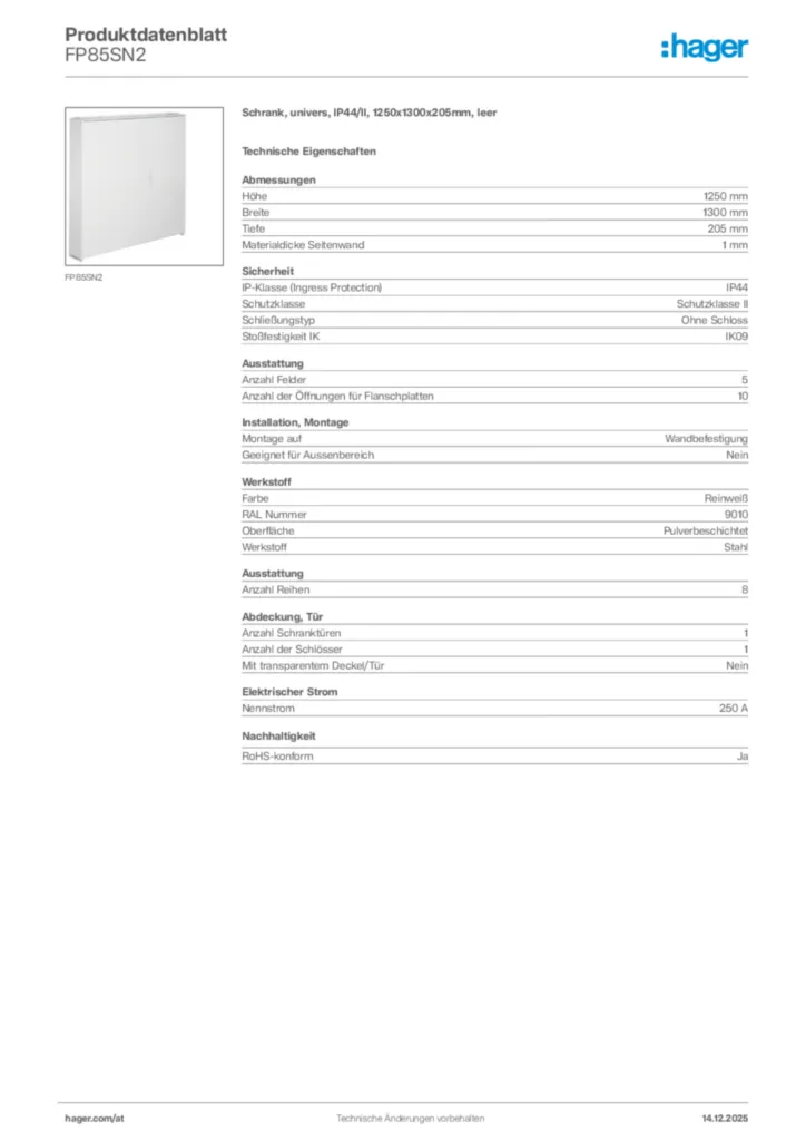 Bild Hager Produktdatenblatt FP85SN2 | Hager Deutschland