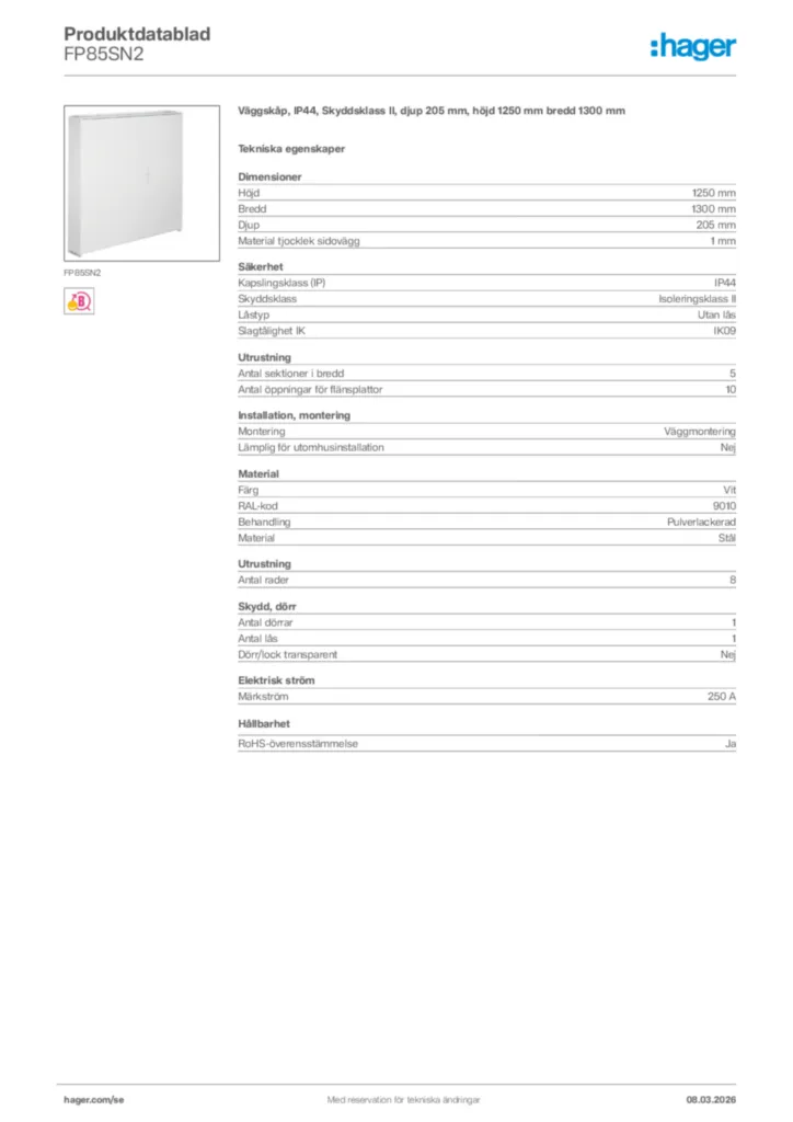 Bild Hager Produktdatablad FP85SN2 | Hager Sverige