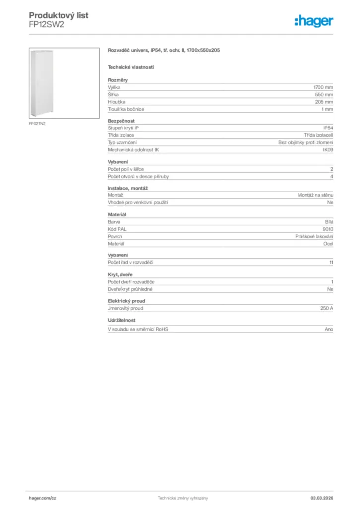Obrázek Hager Product data sheet FP12SW2 | Hager