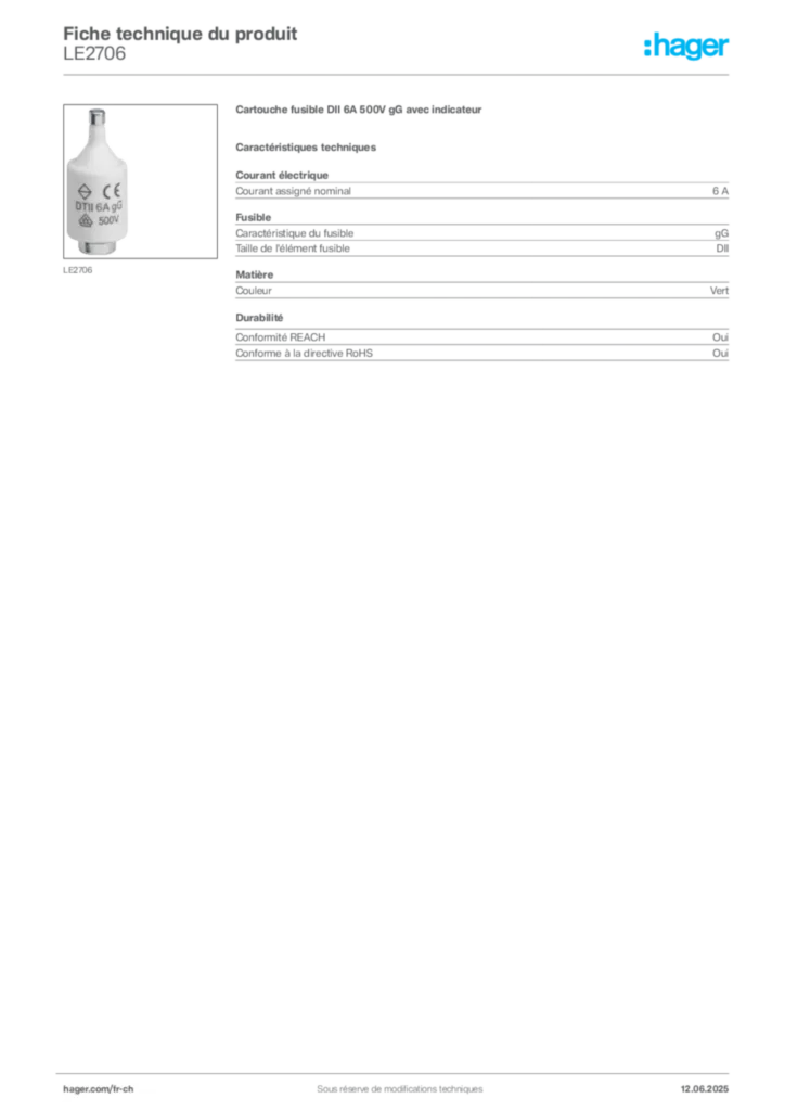 Image Hager Fiche technique du produit LE2706 | Hager Suisse