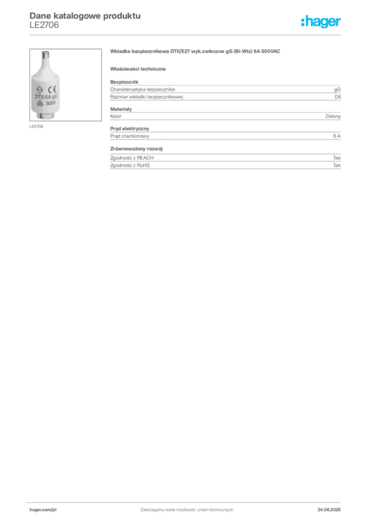 Zdjęcie Hager Karta katalogowa LE2706 | Hager Polska