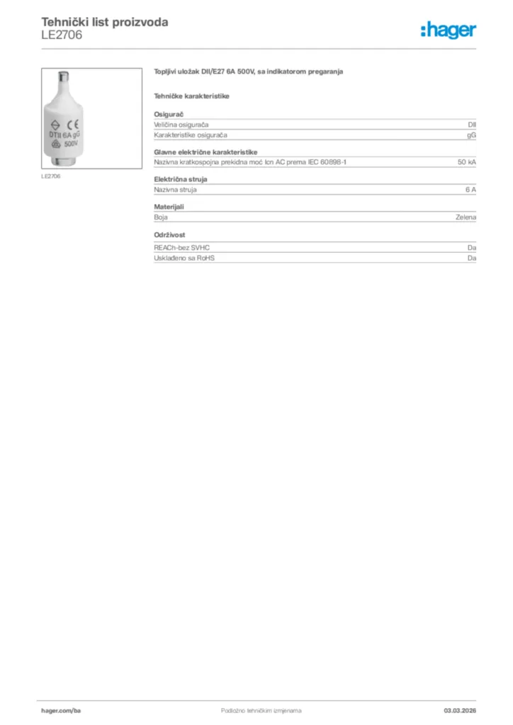 Slika Hager Tehnički list proizvoda LE2706  | Hager
