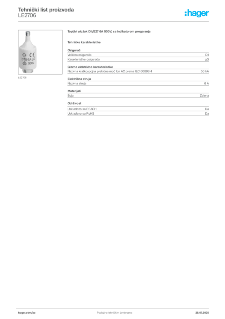 Slika Hager Product data sheet LE2706  | Hager