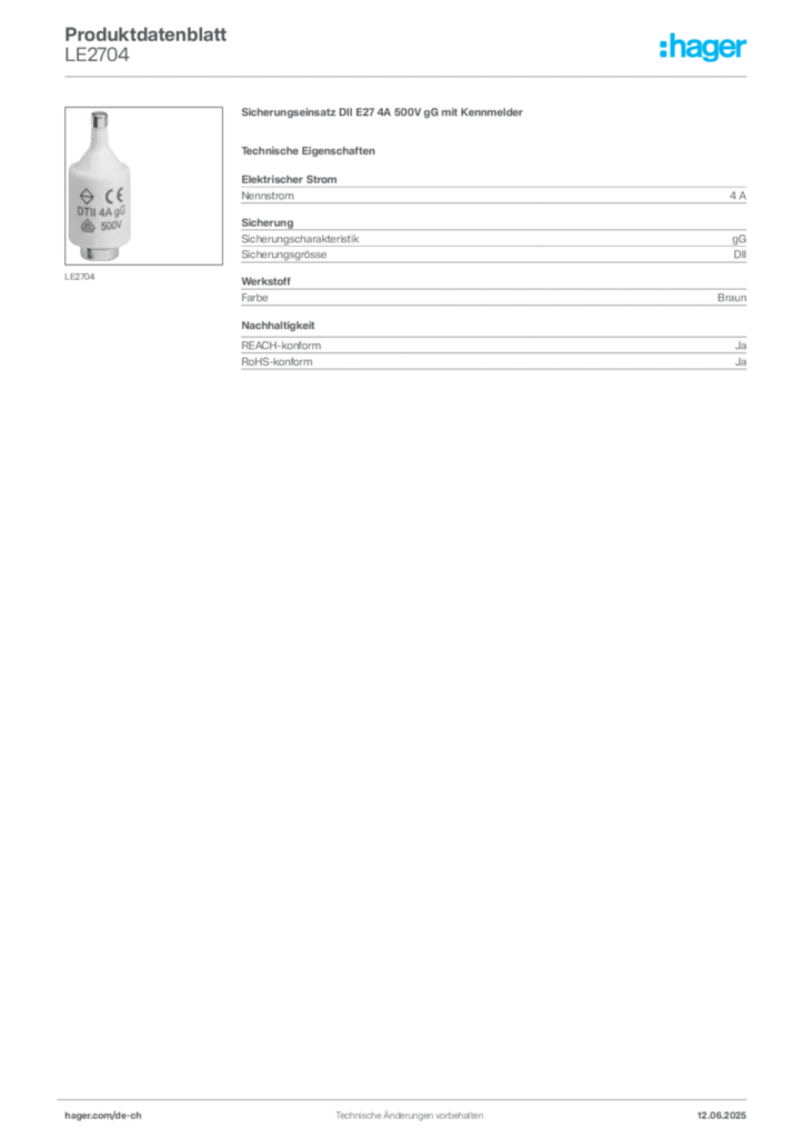 Bild Hager Produktdatenblatt LE2704 | Hager Schweiz