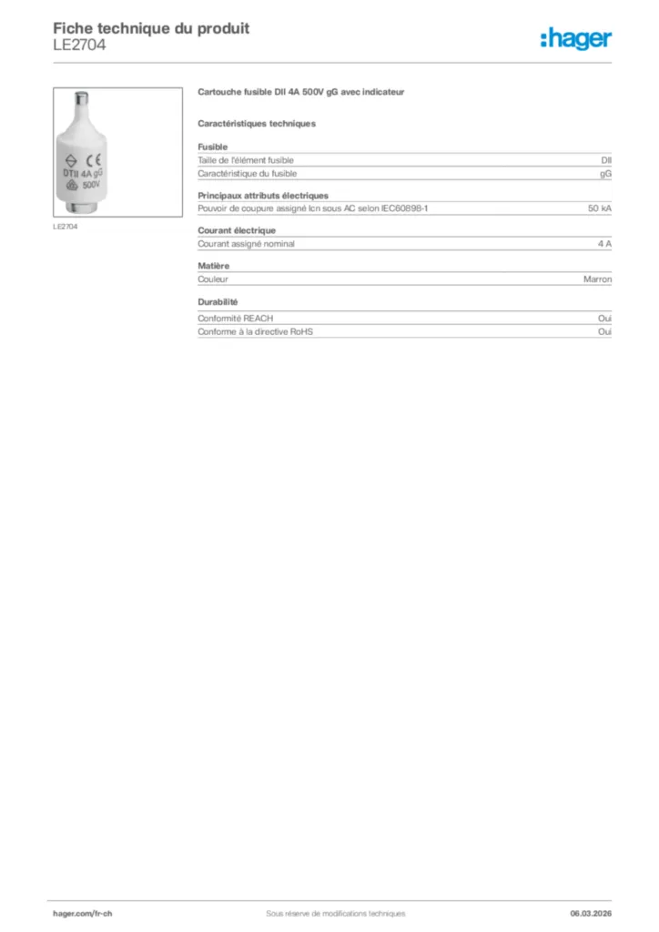Image Hager Fiche technique du produit LE2704 | Hager Suisse