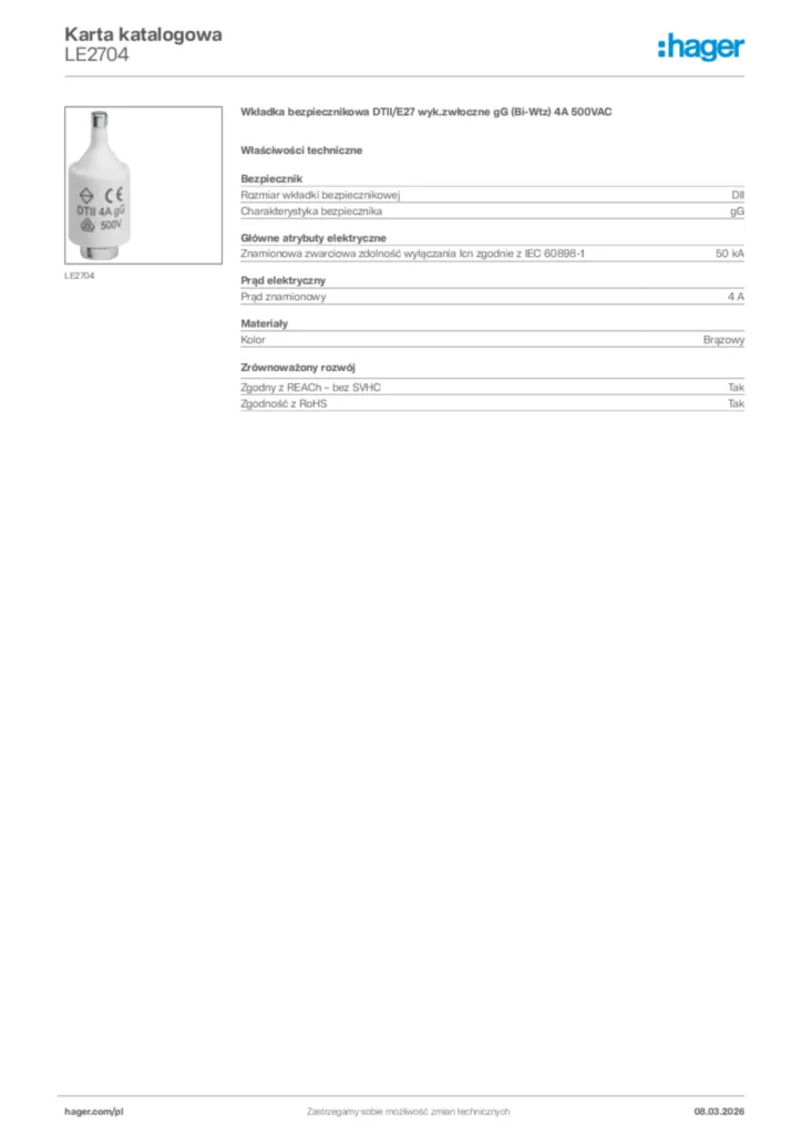Zdjęcie Hager Karta katalogowa LE2704 | Hager Polska