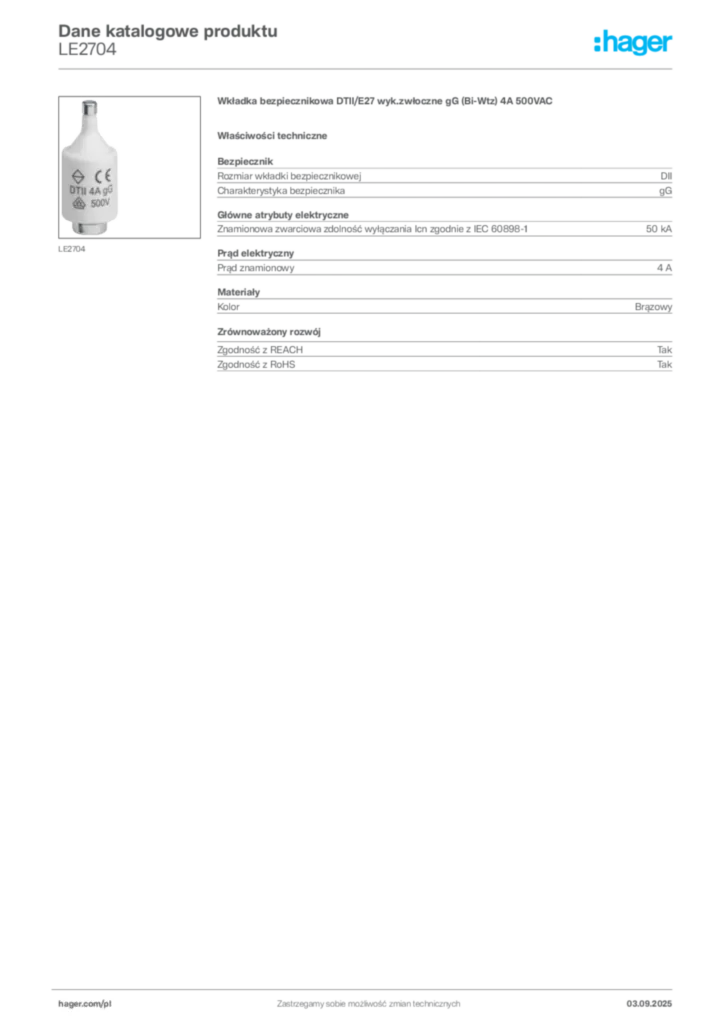 Zdjęcie Hager Karta katalogowa LE2704 | Hager Polska