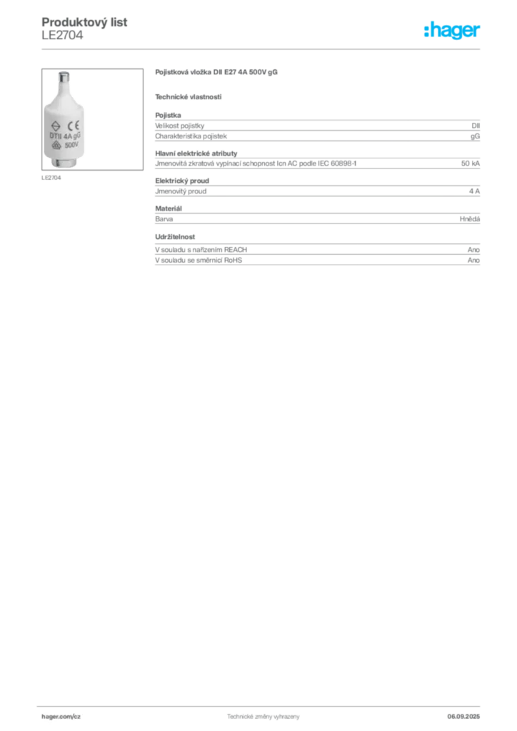 Obrázek Hager Produktový list LE2704 | Hager
