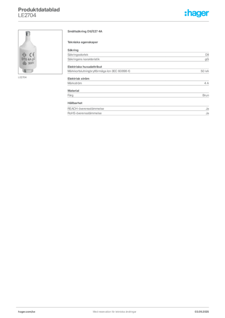 Bild Hager Produktdatablad LE2704 | Hager Sverige