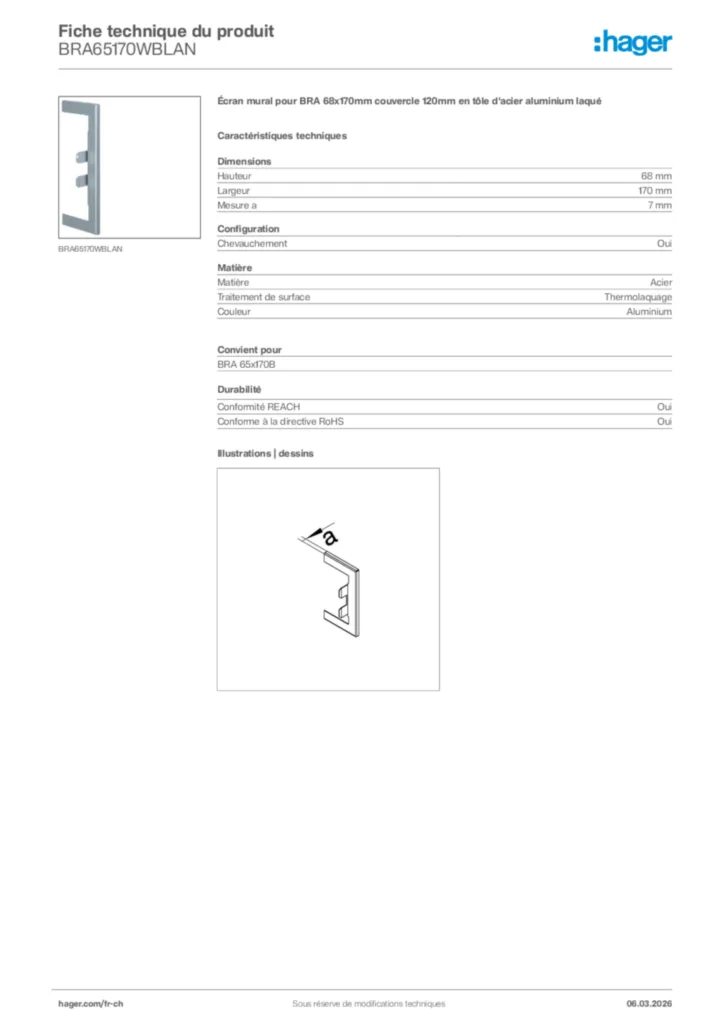 Image Hager Fiche technique du produit BRA65170WBLAN | Hager Suisse
