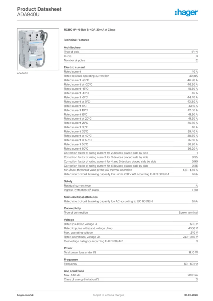 Image Hager Product data sheet ADA940U  | Hager