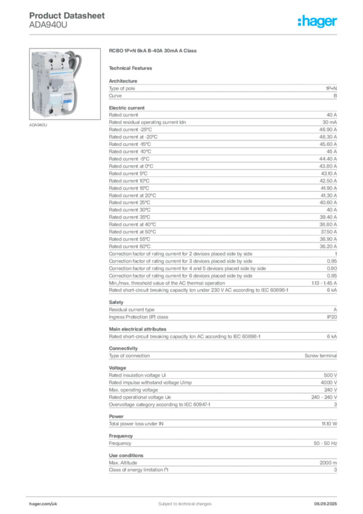 Image Hager Product data sheet ADA940U  | Hager