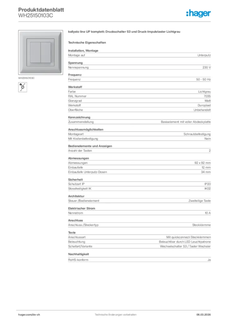 Bild Hager Produktdatenblatt WH25150103C | Hager Schweiz