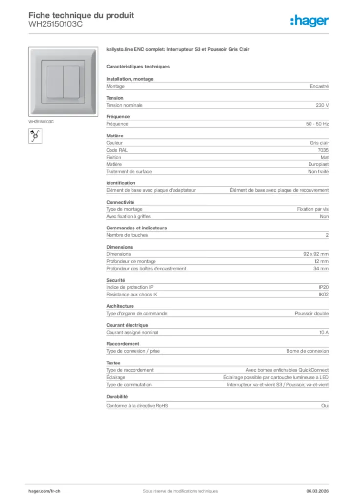 Image Hager Fiche technique du produit WH25150103C | Hager Suisse