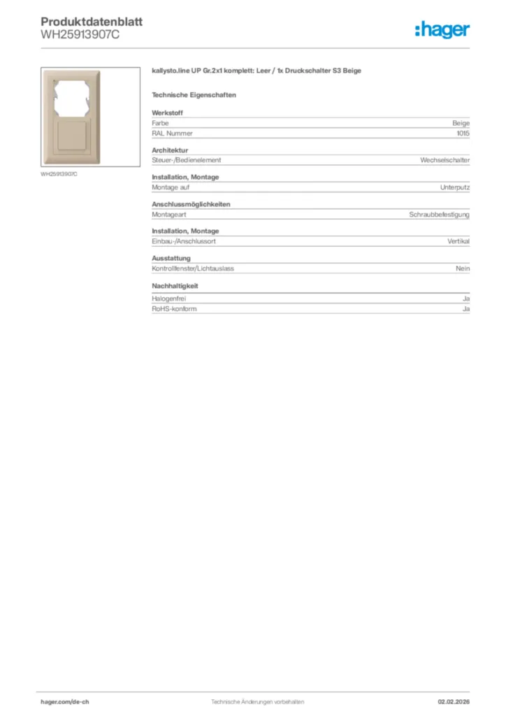 Bild Hager Produktdatenblatt WH25913907C | Hager Schweiz