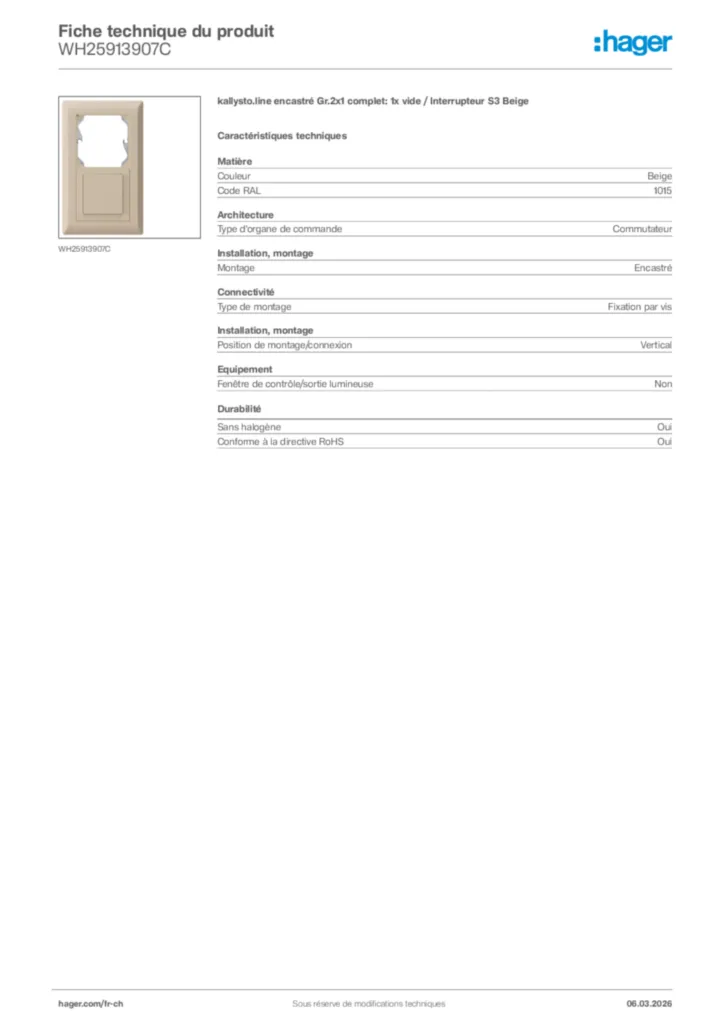 Image Hager Fiche technique du produit WH25913907C | Hager Suisse