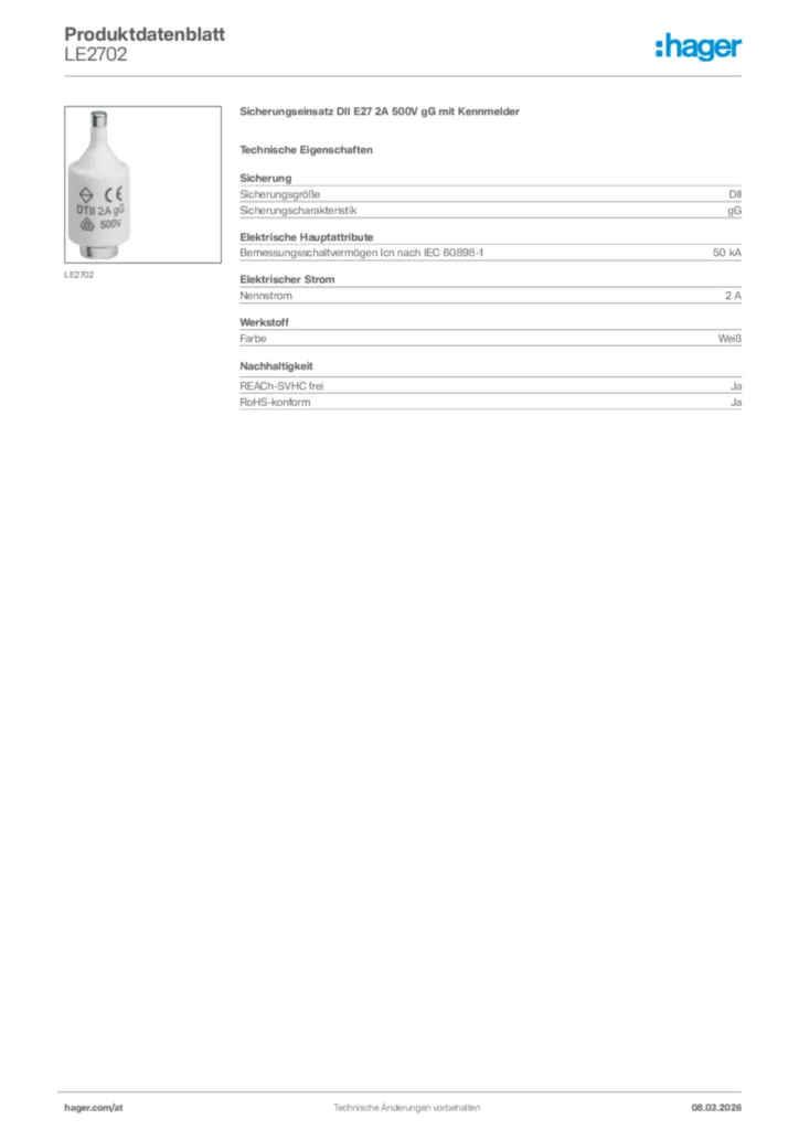 Bild Hager Produktdatenblatt LE2702 | Hager Deutschland