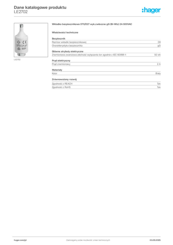 Zdjęcie Hager Karta katalogowa LE2702 | Hager Polska