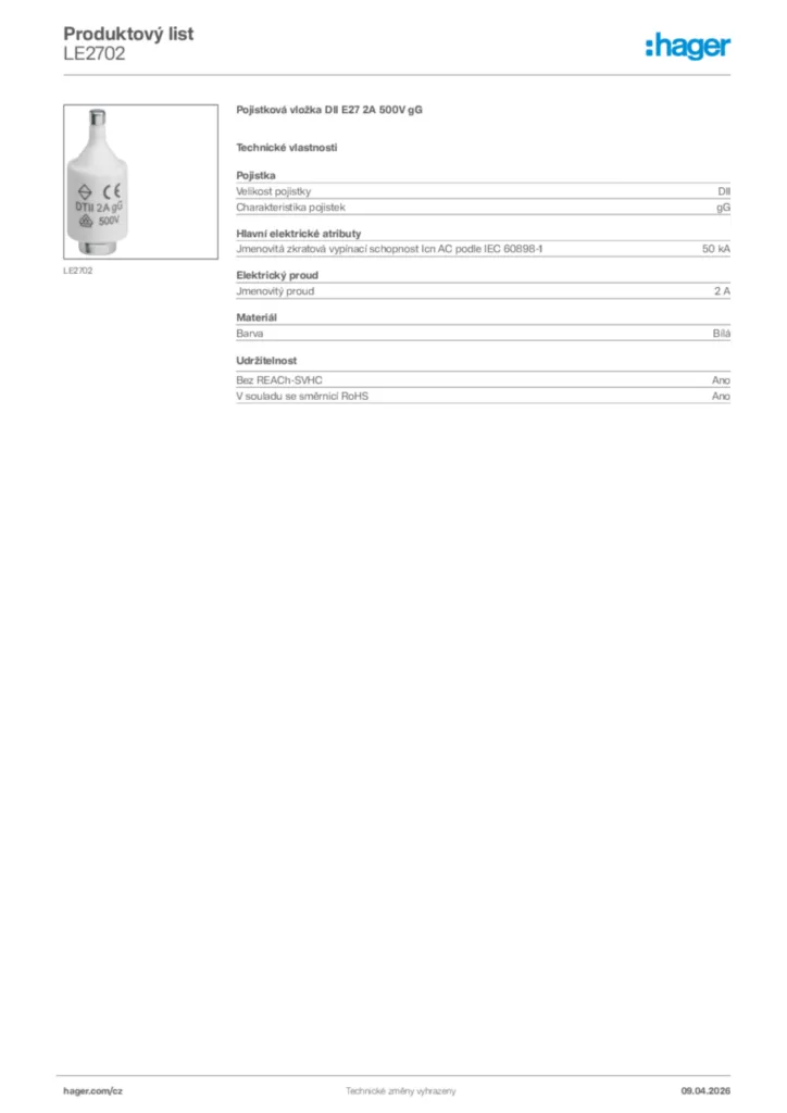 Obrázek Hager Product data sheet LE2702 | Hager