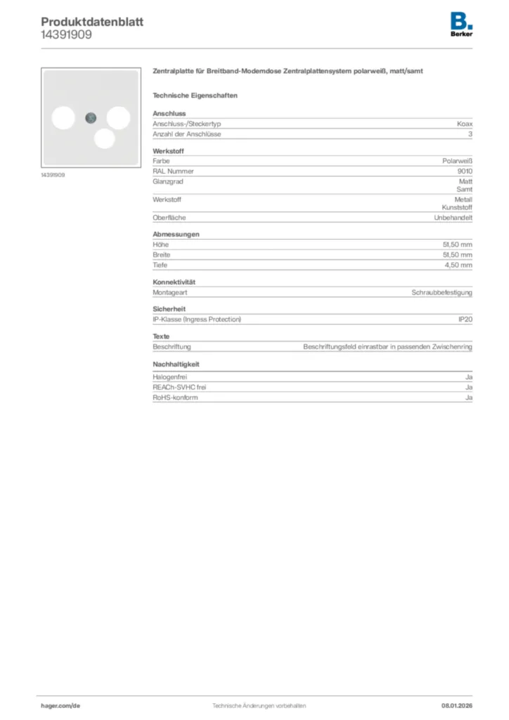 Bild Berker Produktdatenblatt 14391909 | Hager Deutschland