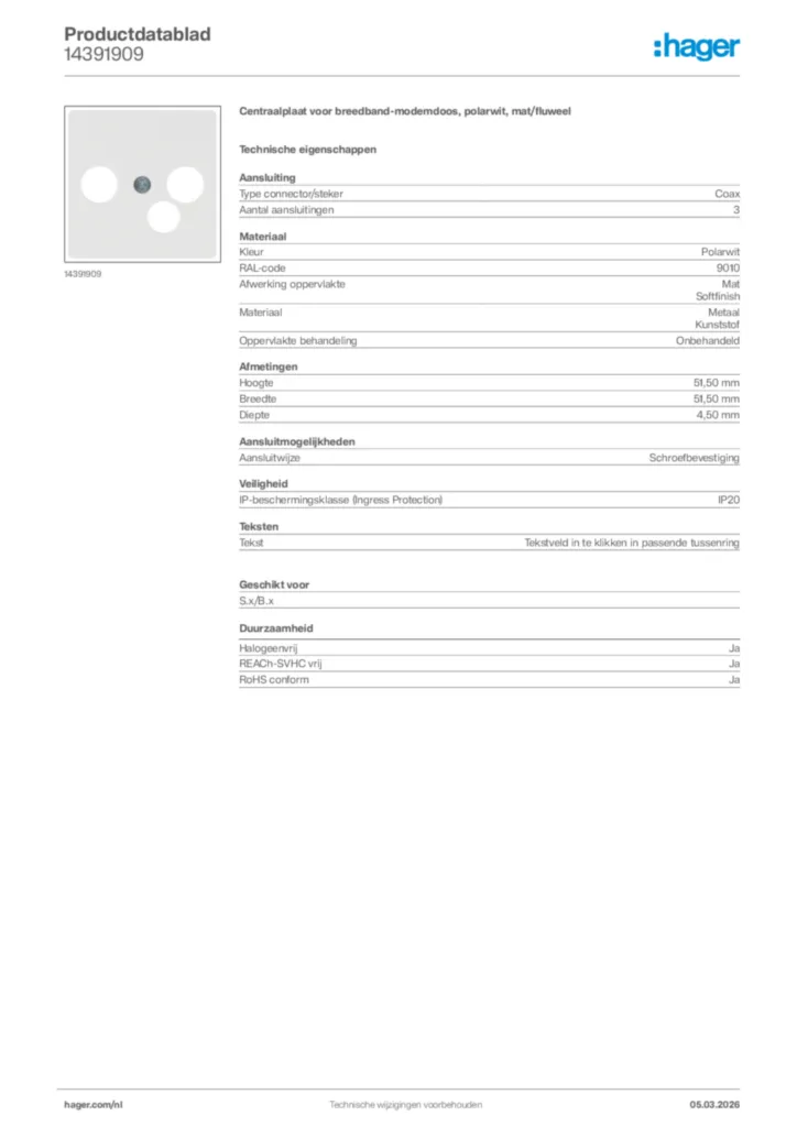 Afbeelding Hager Productdatablad 14391909 | Hager Nederland